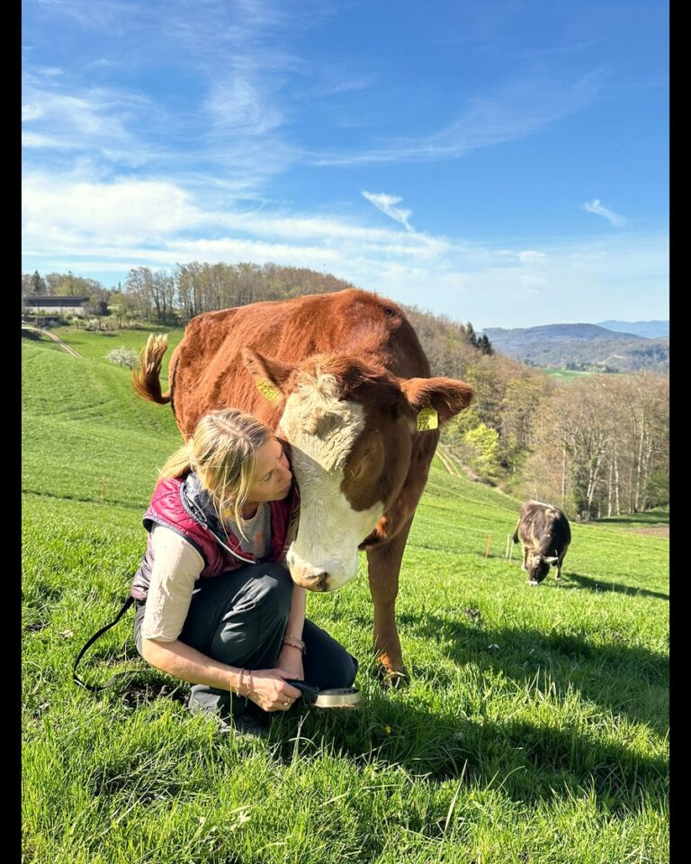 Franziska kniet neben einer Kuh auf einer Alm